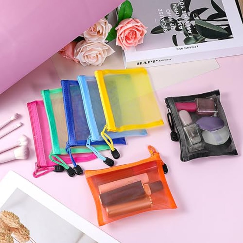 28 Pieces Mini Mesh Coin Pouch, 5 x 4 in Small Nylon Zipper Cosmetic Bags, Small Travel Mesh Lipstick Makeup Organizer Bags with Zipper for Women Purse Toiletries Cosmetics Supplies