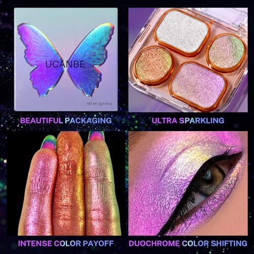 UCANBE Chameleon Shimmer Eyeshadow Makeup Palette, 4 Colors Metallic Glitter Multichrome Eye Shadow Pallet, High Pigmented Creamy Sparkling Duo Chrome Multidimensional Eye Make Up Kit