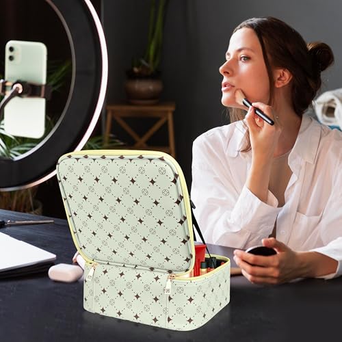 Travel Makeup Bag with 360° Rotating LED Mirror Waterproof Organizer - Green & Yellow