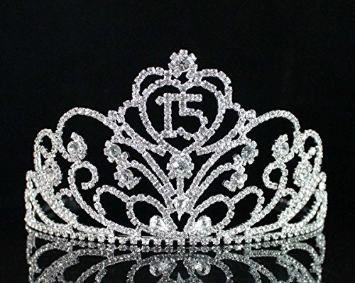 Quinceanera Tiara Crown with Rhinestones and Hair Combs - Silver Plated, Clear Austrian Crystals