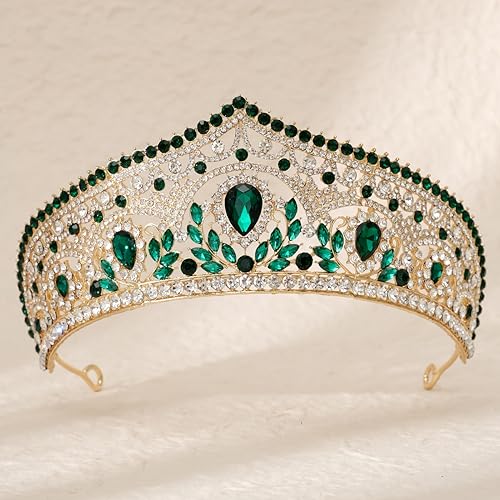 Crystal Wedding Tiara for Women Royal Queen Crown Headband - Gold & Green Style D