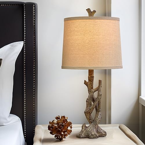 Rustic Farmhouse Table Lamp Set - Twig Dark Brown with Oatmeal Shade for Bedroom & Living Room
