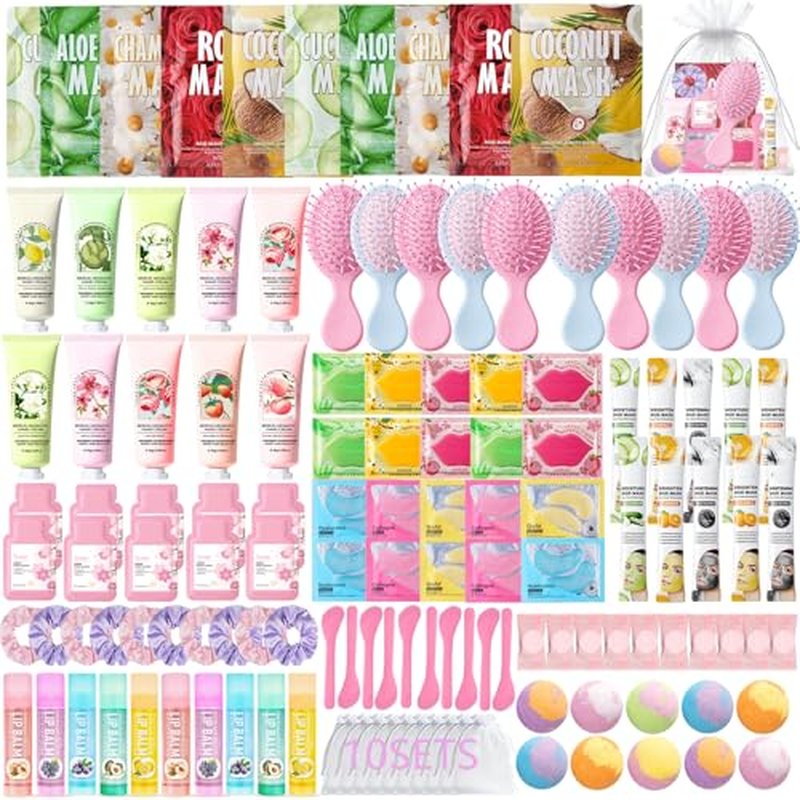 130 PCS Spa Party Supplies for Women, Include Face Masks Skincare, Hand Cream, Lip Balm, Lip Mask, Under Eye Patches,Hair Brush, Foot Bath Bombs,Spa Birthday Sleepover Party Supplies for Girls Women
