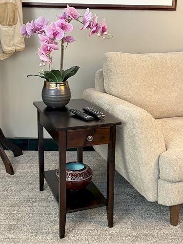 Solid Acacia 2-Tier Recliner Side Table with Drawer - Espresso Finish
