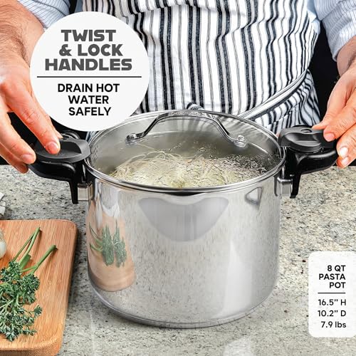 8 Qt Stainless Steel Stock Pot with Strainer Lid - Multipurpose Pasta & Cooking