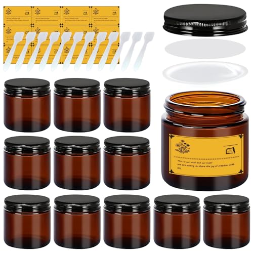 4oz Airtight Amber Jars - Leak Proof Cosmetic Containers with Inner Caps & Liners, UV Protection for DIY Lotion, Travel, Candle Supplies (12, Amber)