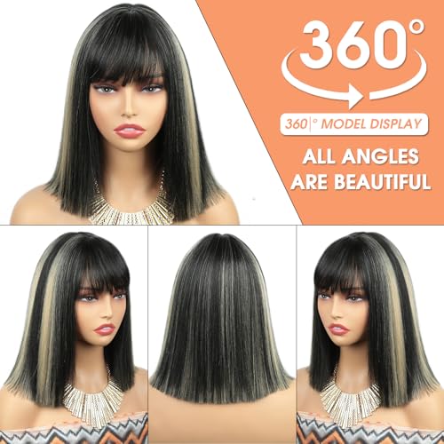 Goodear 10 Inch Straight Bob Wig with Bangs - Brown Highlights, Glueless Synthetic Wig RSP08#