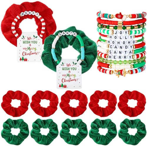 Tondiamo 72 Pcs Christmas Bracelets and Scrunchies Christmas Party Favor Gift Red Green Santa Joy Merry Candy Holiday Stackable Stretch Friendship Bracelets and Scrunchies with Gift Cards for Women