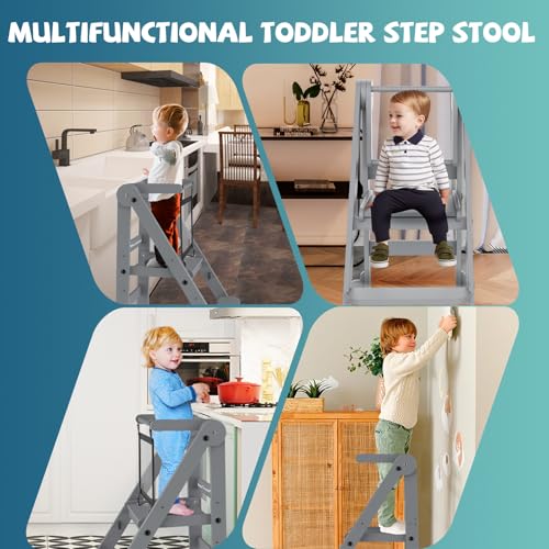 Foldable Toddler Learning Tower with Safety Nets - Gray, Adjustable Height, Space-Saving Design