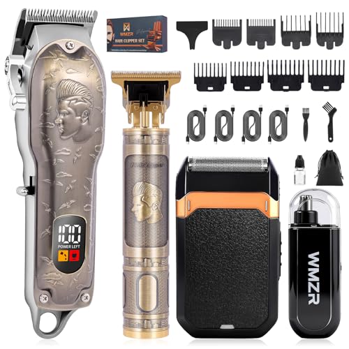 WMZR Professional Hair Clipper Set Gold - Men's Clipper, T-Shaped Sideburn Trimmer, Nose Hair Trimmer, Foil Shaver