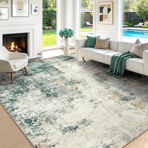 9x12 Modern Abstract Area Rug - Gray Green Washable Non-Slip Carpet for Living Room, Dining, Bedroom, Office - Variation: Gray Green/Mud Yellow