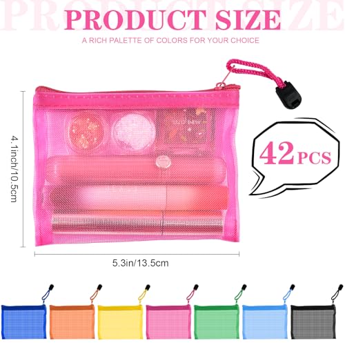 42 Pcs Mini Zipper Mesh Bags, 5 x 4 Inch Small Makeup Bag Lipstick Cosmetic Accessories Organizer Nylon Makeup Zipper Pouch Beauty Travel Toiletry Bag Kit for Women (7 Colors)