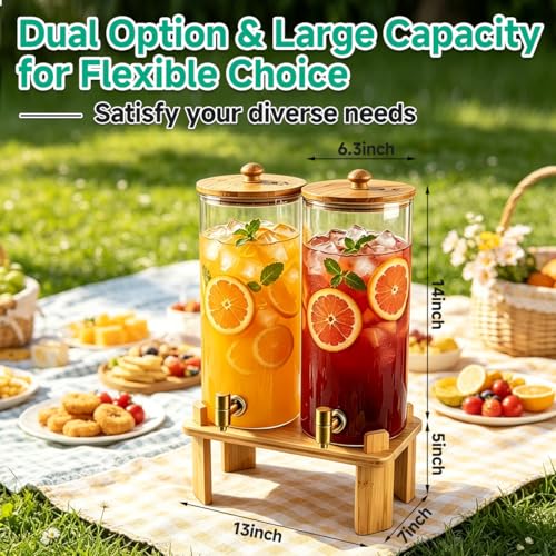 2 Gallon Beverage Dispenser Set with Bamboo Stand, Large Glass Water & Juice Container for Parties
