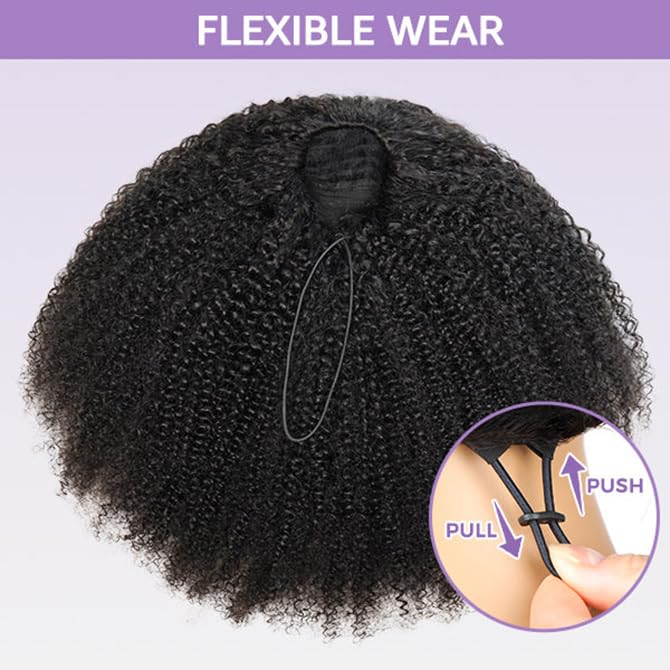 Moxuan Afro Curly 20in Half Wig - Glueless 3-in-1 Drawstring Clip-in Headband, Natural Black