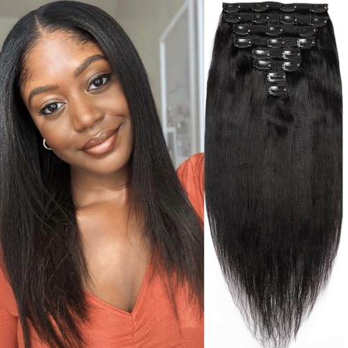 CZAAKX 16 Inch 120g Yaki Straight Clip-in Hair Extensions Natural Black for Women