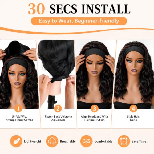 Black Short Wavy Headband Wig for Women 14 Inch Synthetic Tangle-Free Natural Look - Variation: Black Wavy 14 Inch
