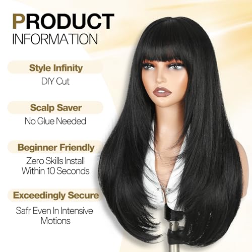 WIGNEE Natural Black Long Straight Layered Wig with Bangs for Women