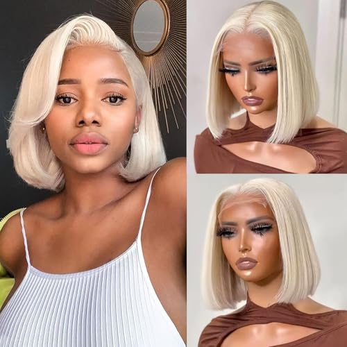 12 Inch Platinum Blonde Bob Lace Front Wig - 13x4 HD Transparent Frontal, Glueless Human Hair Short Bob for Women