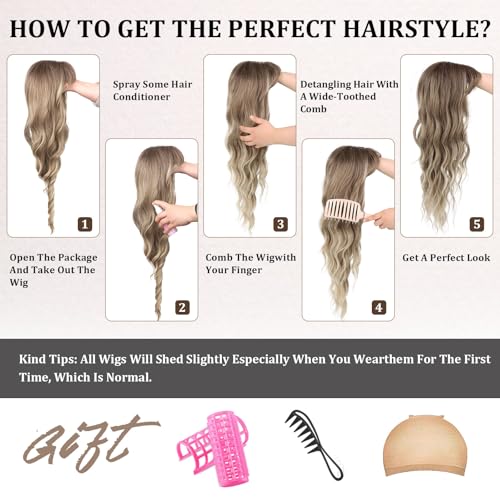 Ombre Blonde Curly Wigs with Bangs - Long 26 Inch Synthetic Heat-Resistant Hair for Women