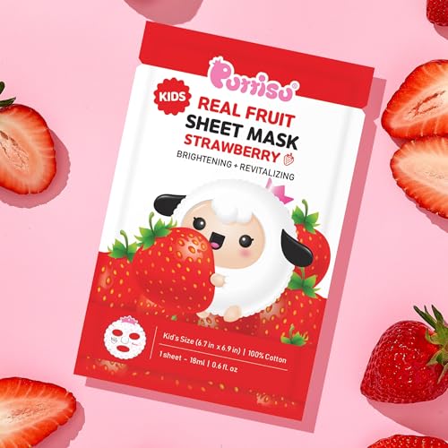 Puttisu Real Fruit Facial Mask Sheet for Kids, Children - Made with 100% Cotton, Moisturize, Sooths and Hydrates Skin (Strawberry- Pack of 14)
