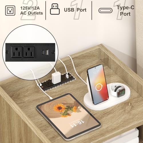 Nightstand Set of 2 with Charging Station - Rattan Side Tables, Light Oak, 15.9 x 11.8 inches, Boho Bedroom End Tables for Small Spaces