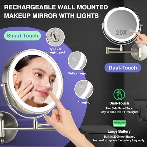 Magnifying Mirror with Lights 1X/20X Wall Mounted - Brushed Nickel 8.5"