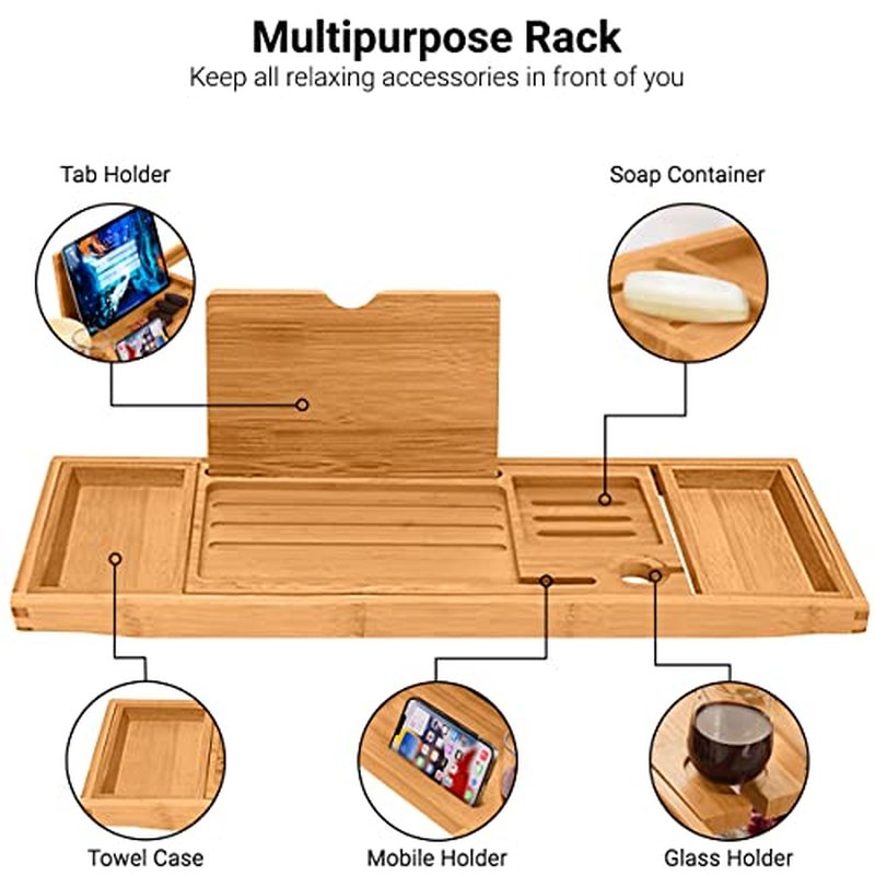 ADOV Bathtub Tray, Foldable Bamboo Bathtub Caddy, Adjustable Bath Tray for Tub with Book Rest, Phone, Tablet, Candle, Towel, Glass Holder, Extendable Wooden Bath-Shelf Fits Most Bathtubs Sizes