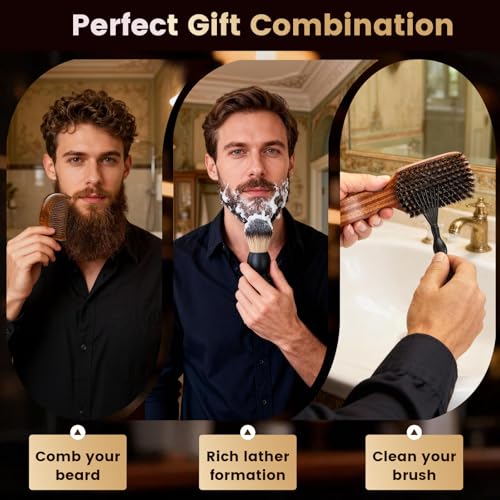 Beard Brush for Men, Natural Boar Bristle Sapele Wood Brush for Beard and Hair, Men's Grooming Kit with Pocket Beard Comb for Facial Hair Styling, Growth, Shine