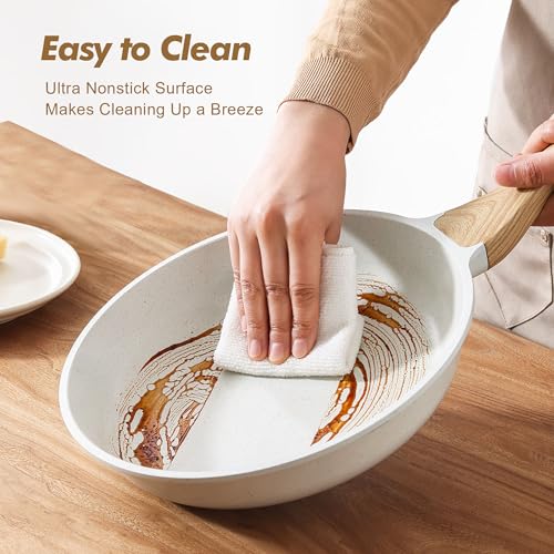 SENSARTE Ceramic Nonstick Frying Pan Set White 8 & 11 Inch with Lid