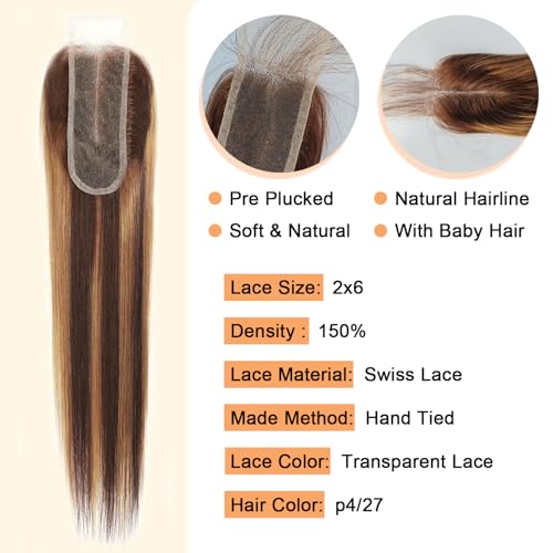 Brazilian Virgin Human Hair Closure 16 Inch Honey Blonde P4/27 Transparent Lace Middle Part