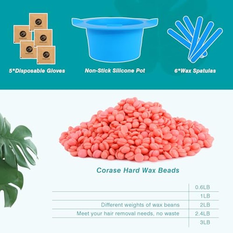 2.4 lb Hard Wax Beads Bulk, Professional Rosin-Free Brazilian Waxing Bead, Hypoallergenic Hair Removal Wax Bead for Sensitive Skin, Body, Bikini, Legs, Wax Beans Refill, 1 Silicone Pot and 5 Sticks