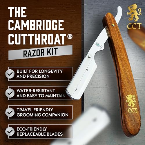 The Cambridge Cutthroat¢ç Cut Throat Razor Kit with Blades & Travel Pouch - Missanda Hardwood & Stainless Steel Professional Barber Shaver Men - Straight Edge Moustache & Beard Shaper