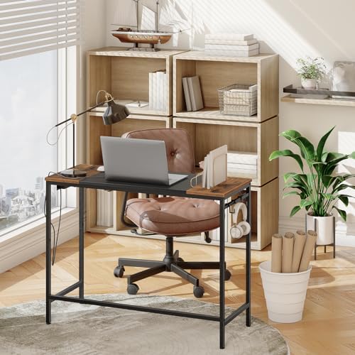 Small Computer Desk with Power Outlet & USB Ports - Rustic Brown + Black, 39.3W x 15.7D x 30.3H, Easy Assembly