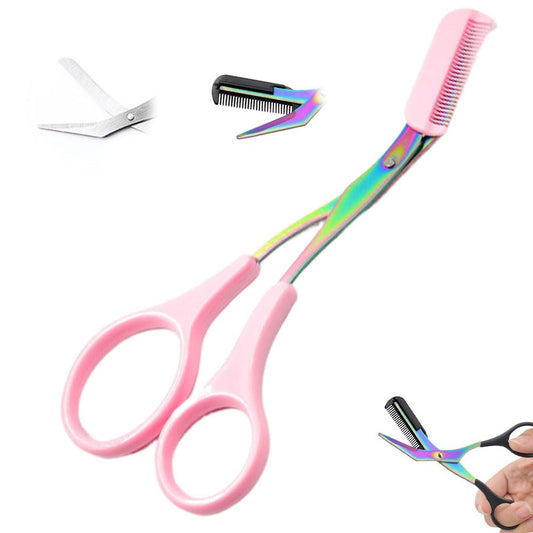 Eyebrow Trimmer Scissor, New 2 in 1 Eyebrow Scissors with Comb, Non-Slip Stainless Steel Eyebrow Trimming Scissors, Eyebrow Cutter Hair Removal Eyebrow Scissor Makeup Tool for Men Women (Pink)