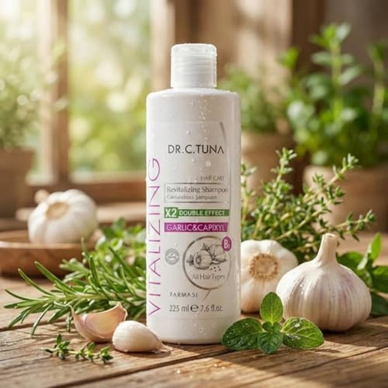 FARMASi Dr. C. Tuna Vitalizing Garlic Shampoo, Nourishing & Strengthening Formula with Garlic Extract and Capixyl, Helps Refresh Scalp & Support Fuller-Looking Hair, 7.6 fl oz