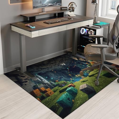 Pixel Game Rug for Kids and Teens - Green Grass Karst Cave, 86 x 63 Inches - Non-Slip, Washable Playroom Carpet