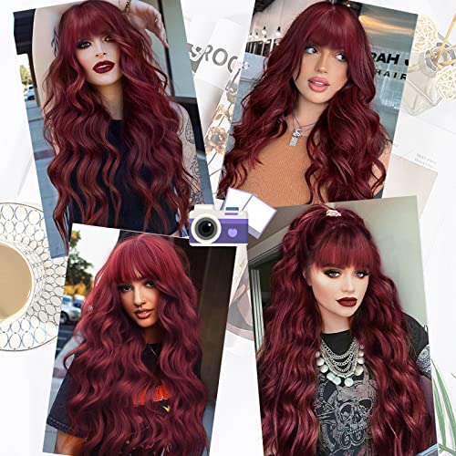 Long Wigs for Women - 24 Inch Wavy Wig with Bangs - Wine Red