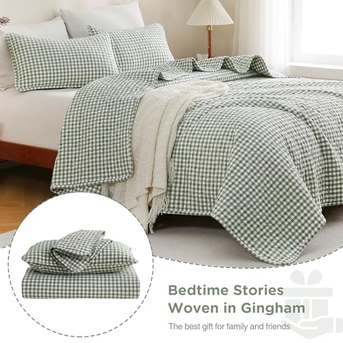 Gingham Quilt Set King Size - Green & Brown Cotton Linen-Like Bedspread