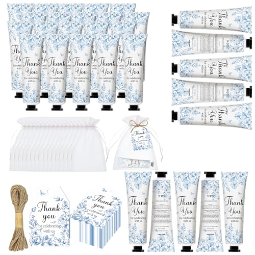 50 Sets Blue Flower Baby Shower Hand Cream Set, Hand Cream Favors for Guests Bridal Wedding Baby Shower Gift Bulk Travel Size Gifts with Thank You Card & Organza Bags(blue flower)