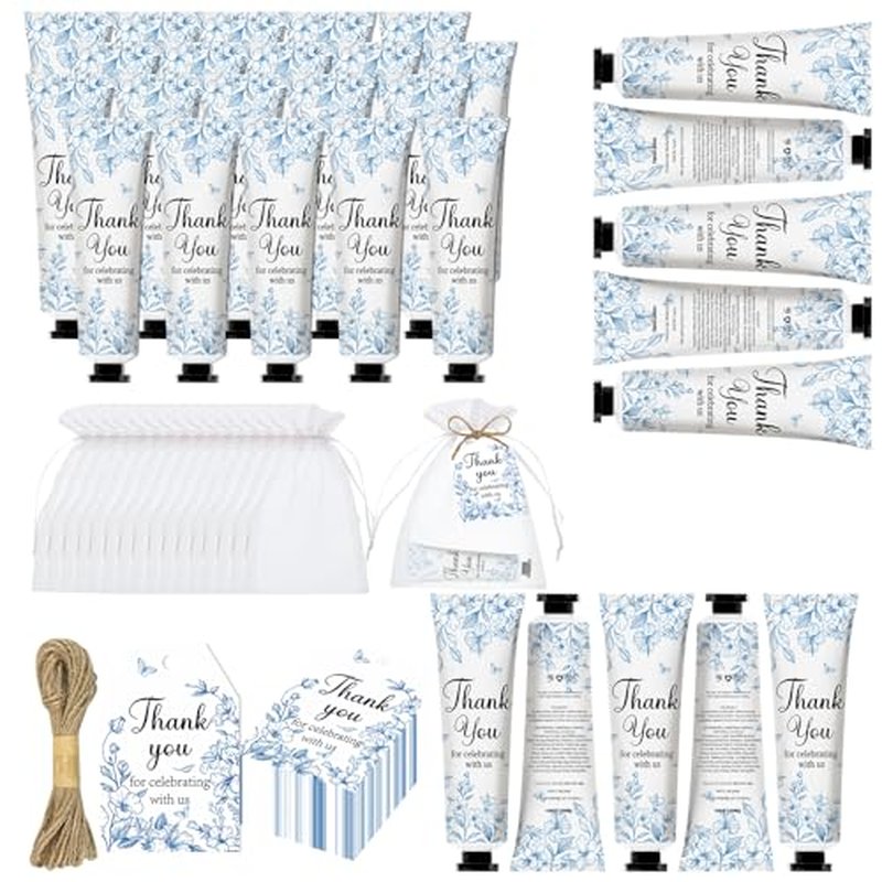 50 Sets Blue Flower Baby Shower Hand Cream Set, Hand Cream Favors for Guests Bridal Wedding Baby Shower Gift Bulk Travel Size Gifts with Thank You Card & Organza Bags(blue flower)