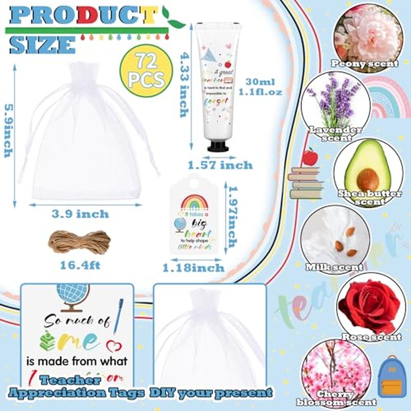 72 Set Teacher Appreciation Gifts Hand Cream Set Moisturizing Hand Lotion Thank You Teacher Gifts Travel Size with Cards Organza Bags for Dry Cracked Mother's Day