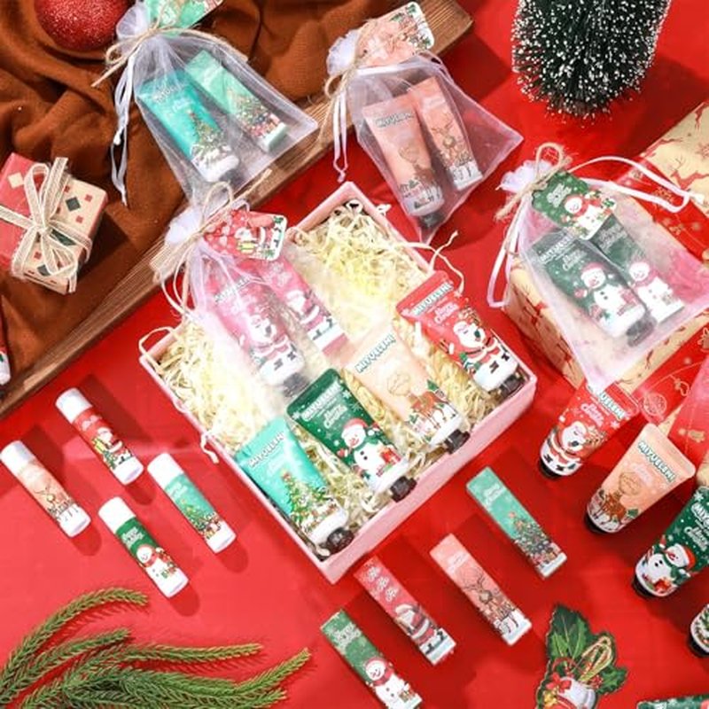 192 Pcs 48 Sets Christmas Hand Cream and Lip Balm Gift Bulk Set,Moisturizing Lip Balm Hand Lotion with Organza Bag Xmas Card, Holiday Birthday Party Favors Stocking Stuffers Gifts for Women Girls