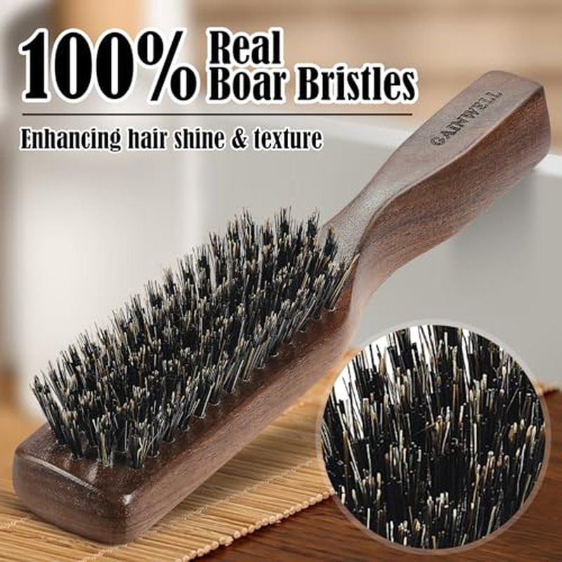 GAINWELL Mens Wild Boar Bristle Hair Brush for Men, Slick Back Hair Brush with Stiff Bristles for Thick Hair, Natural Black Walnut Wooden Handle Hairbrush, Beard Mustache Brush Comb