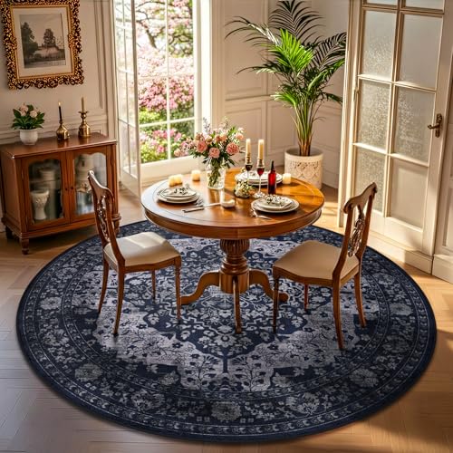 Blue 8ft Boho Round Rug - Vintage Non-Slip Washable Floor Carpet for Living Room