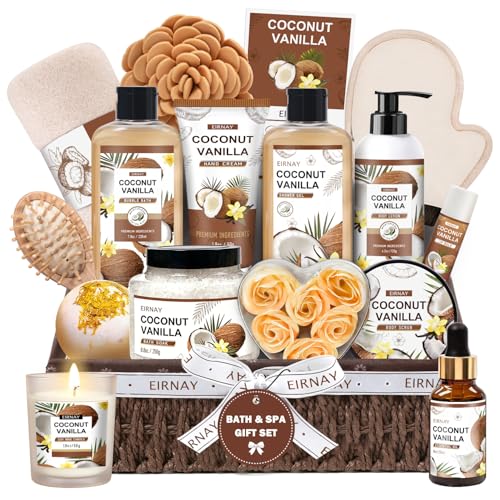 Spa Gift Set for Women - Coconut Vanilla Self Care Basket with Shower Gel & Bath Products