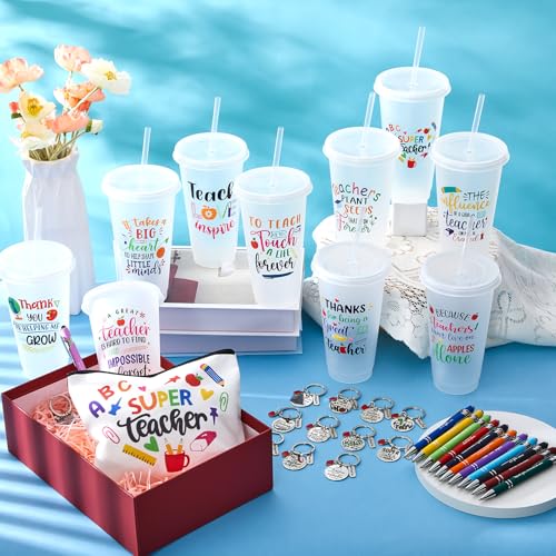 Pickmesh Teacher Appreciation Gift Bulk 48 Pcs / 12 Sets Makeup Bag Keychain 24oz Plastic Cup with Lid Ballpoint Pen Thank You Teacher Supplies(Inspirational Straw Cup,Clear)