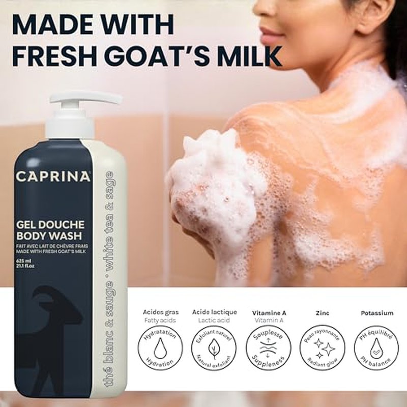 Caprina Fresh Goat¡¯s Milk Body Wash, WHITE TEA & SAGE Formula, 625 ml, Moisturizing Cleanser for Normal Skin, Gentle Daily Hydration
