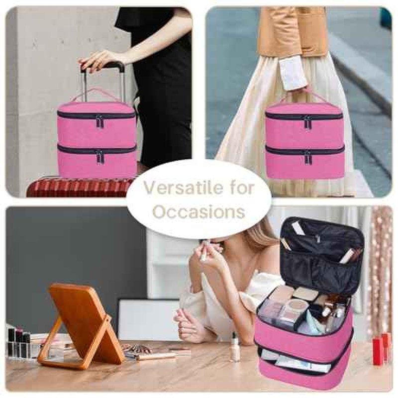 Double Layer Makeup Bag Portable Large Cosmetic Case Organizer with Adjustable Dividers Storage Travel Bag for Accessories Brushes Conditioner and Skin Care Products (Wine)