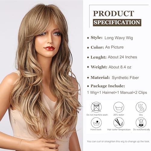 Esmee 24in Long Wavy Mixed Ash Blonde Wig with Bangs for Women - with Adjustable Cap