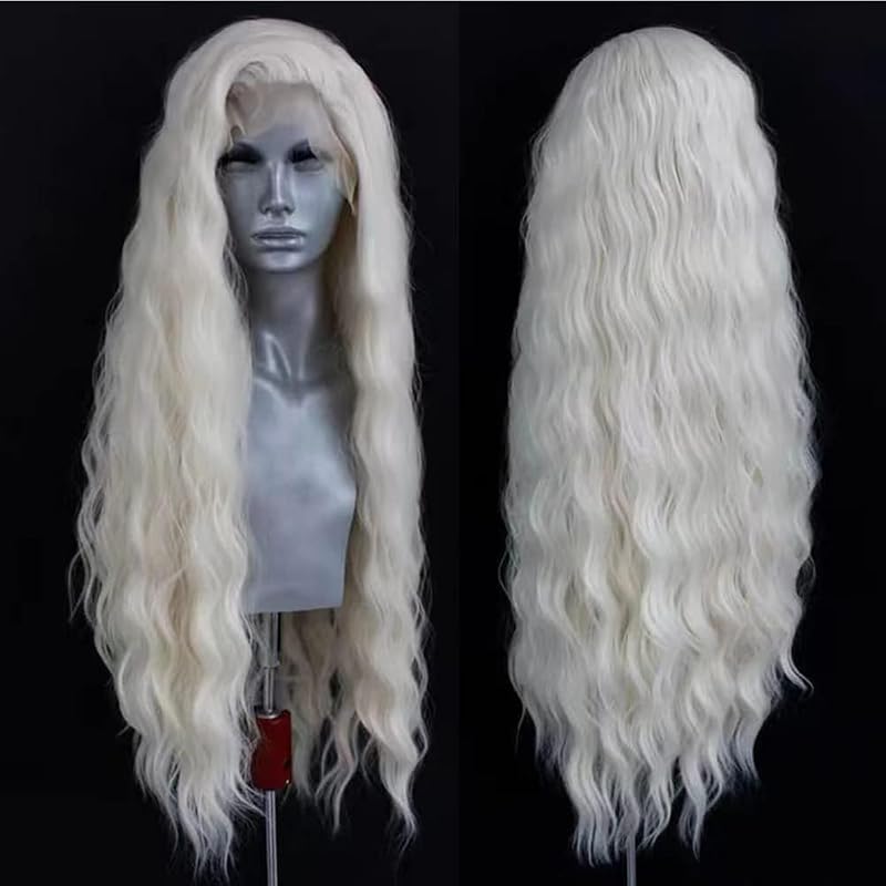ELESTY CR6000 Long Wavy White Blonde Lace Front Wig - 24in, Free Part, Glueless, Heat-Resistant